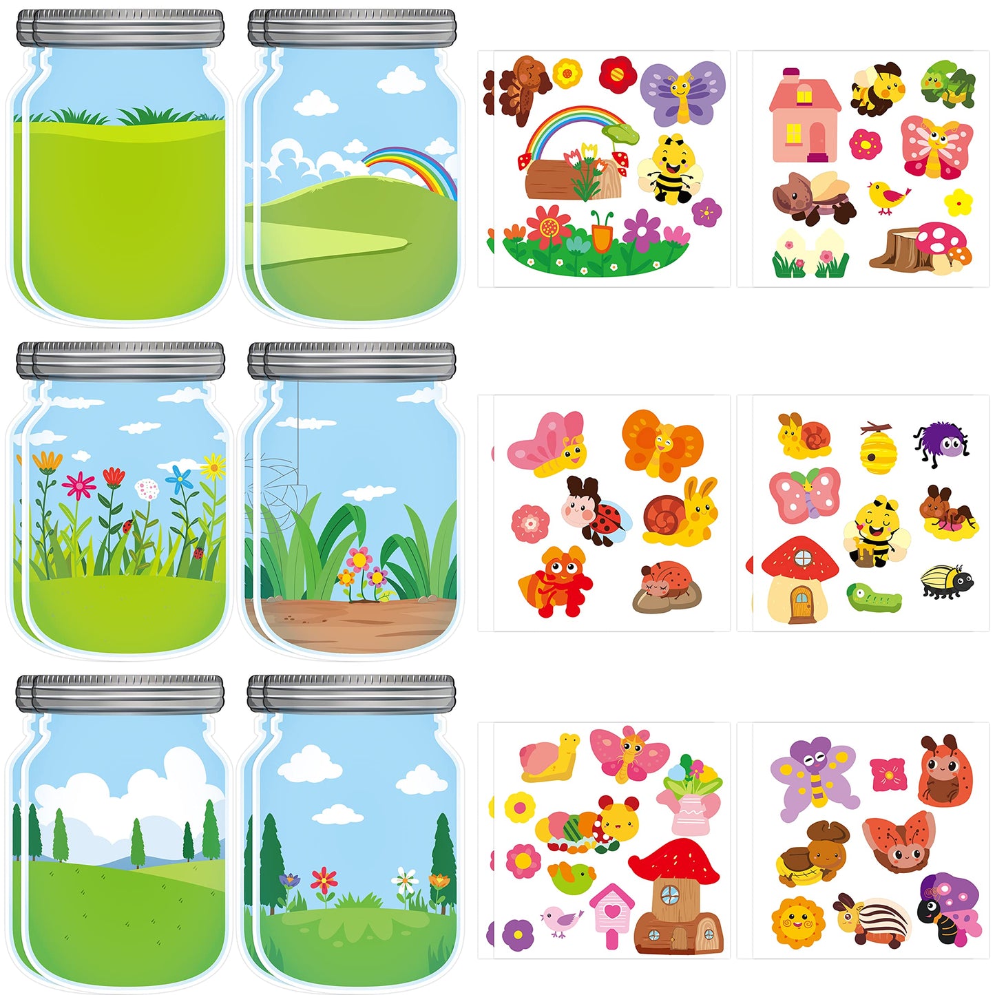 Cy2Side 12Pcs Summer Bugs Stickers Scene For Kids, Make A Bug Jar Sticker Scene With Butterfly Bee Ladybug Flower, Make Your Own Insect Stickers With Jar Scene, Diy Summer Party Games Class Activities
