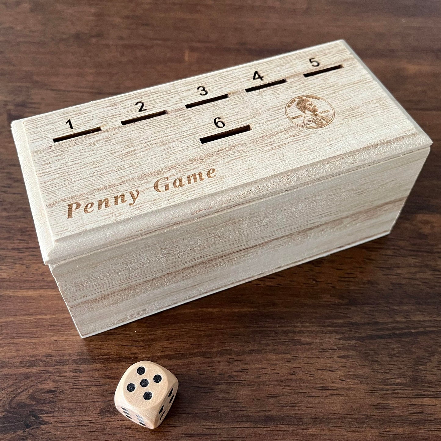 Penny Game - Fun Board Game Works With Coines, Get Rid Of Coins To Win, Penny Game Wood Box For 2+ Players, Simple + Strategic Dice Games