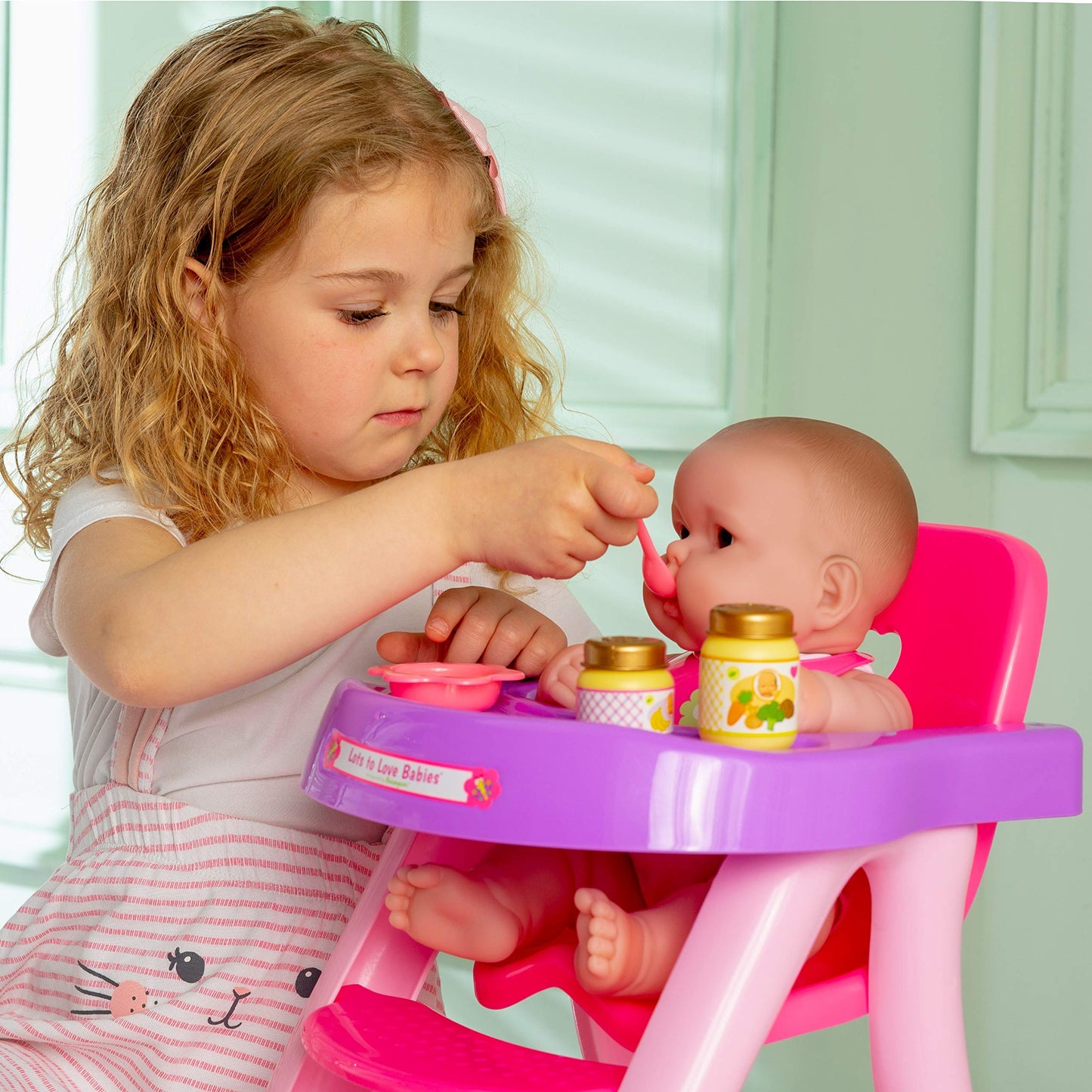 JC Toys 14" Lots to Love Babies Doll with Pink High Chair - Posable, Waterproof, Ages 2+, Model 16148