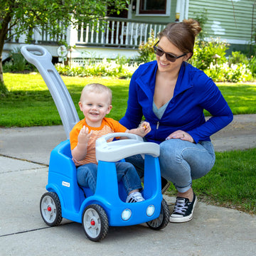 Simplay3 Roll and Stroll Toddler Push Car, Large Blue Plastic Ride-On with Seatbelt for Ages 1.5-4 Years