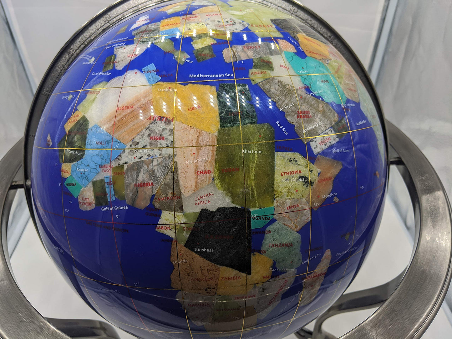 Unique Art 21-Inch Tall Blue Lapis Ocean Table Top Gemstone World Globe With Silver Tripod And Separated State Stones