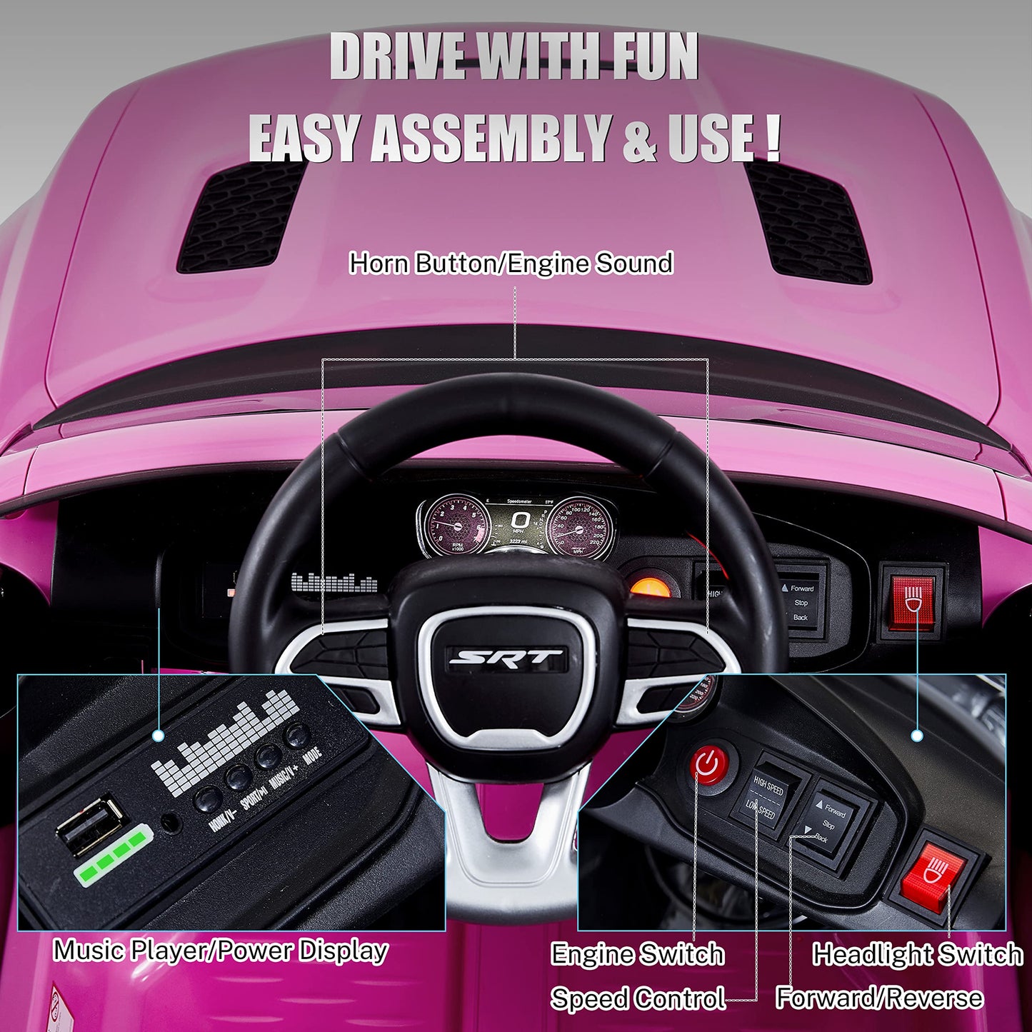 Enyopro 12V 7Ah Kids Electric Ride On Car, Licensed Dodge Charger Srt Hellcat, Battery Powered 4-Wheels Toy Car Electric Vehicle For Kids With Remote Control, 3 Speeds, Led Lights, Music (Pink)
