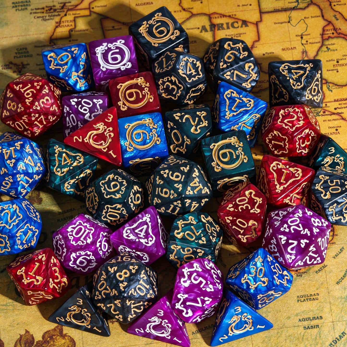 Poludie 5 Sets/35Pcs Dnd Dice Set Dragon Pattern Polyhedral Die With Leather Bag D&D Dice Set For Dungeons And Dragons Rpg Table