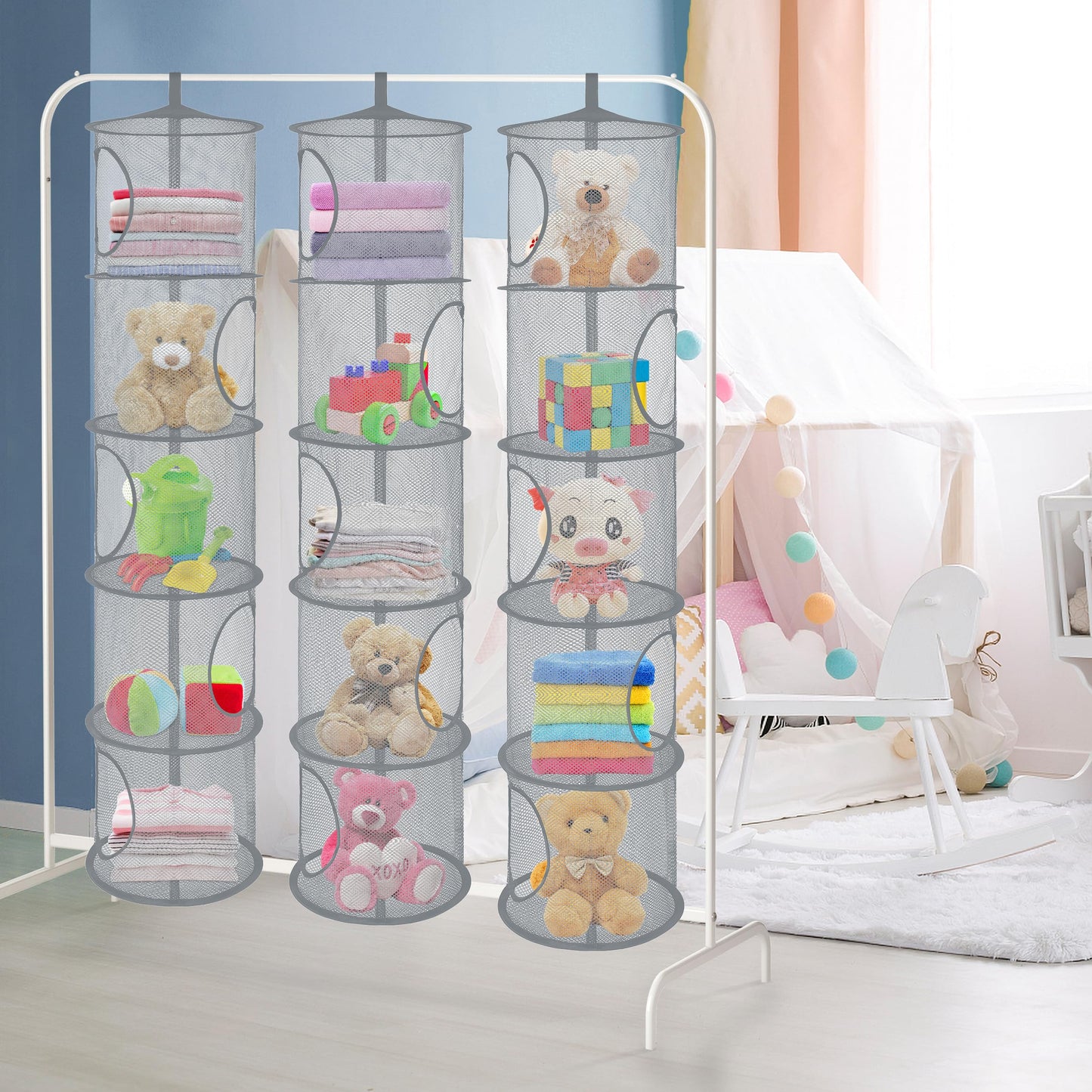 3Pcs Stuffed Animal Storage Foldable Stuffed Animal Net Or Hammock Organizer, 5 Compartments Hanging Mesh Toy Storage Hammock Fo