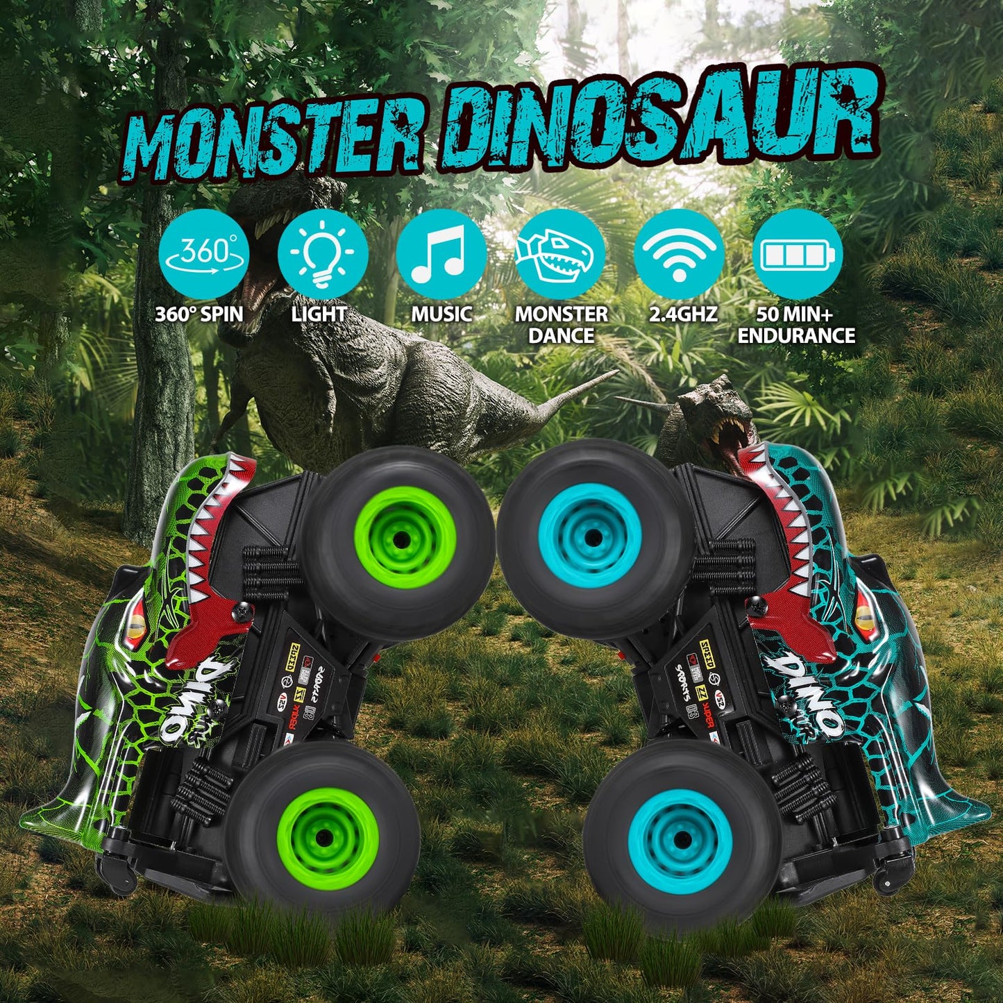 Dyodyorc Remote Control Car, 2.4Ghz All Terrain Dinosaur Monster Truck Toys, Rc Truck With Music, 3 Lighting Effects, 360 Stunt