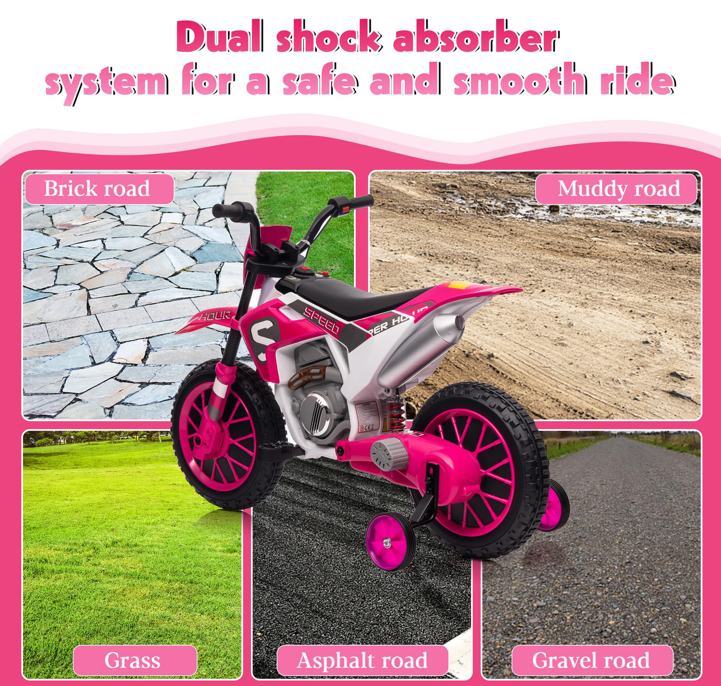 Toddler Motorcycle Kids Dirt Bike Tobbi 12 Volt Battery Powered Ride On Toys Electric Motorbike W/Training Wheels Gift For Boys Girls Aged 3+, Rose Pink