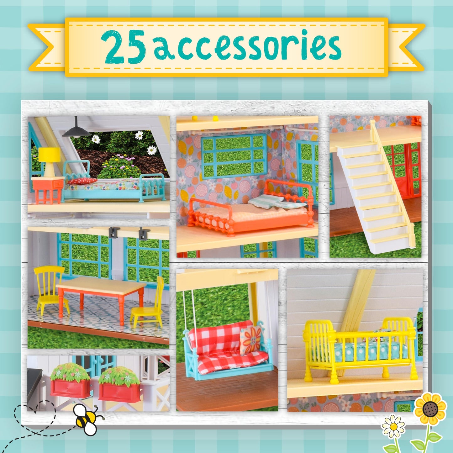 Honey Bee Acres Buzzby Farmhouse, Dollhouse Playset With Miniature Doll Figure, Furniture And Accessories. 25 Pieces, Ages 3+