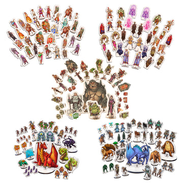 Wanderers Emporium DND Miniatures Starter Set - Hard Flat Minis with Bases, 28mm-32mm Scale, Cardboard, Ideal for Dungeons and Dragons 5e