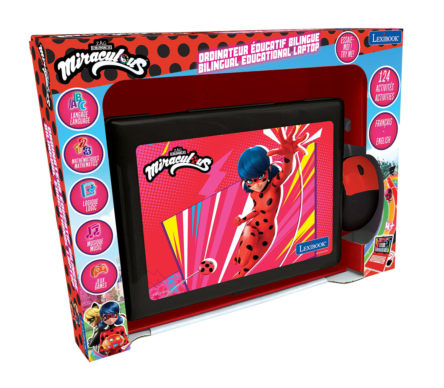 Lexibook Miraculous - Educational And Bilingual Laptop English/Spanish - Toy For Child Kid (Boys & Girls) 124 Activities, Learn Play Games And Music With Ladybug - Red/Black Jc598Mii2