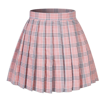 Girls School Uniform Plaid Pleated Costumes Skirts (M, Pink Mixed White)