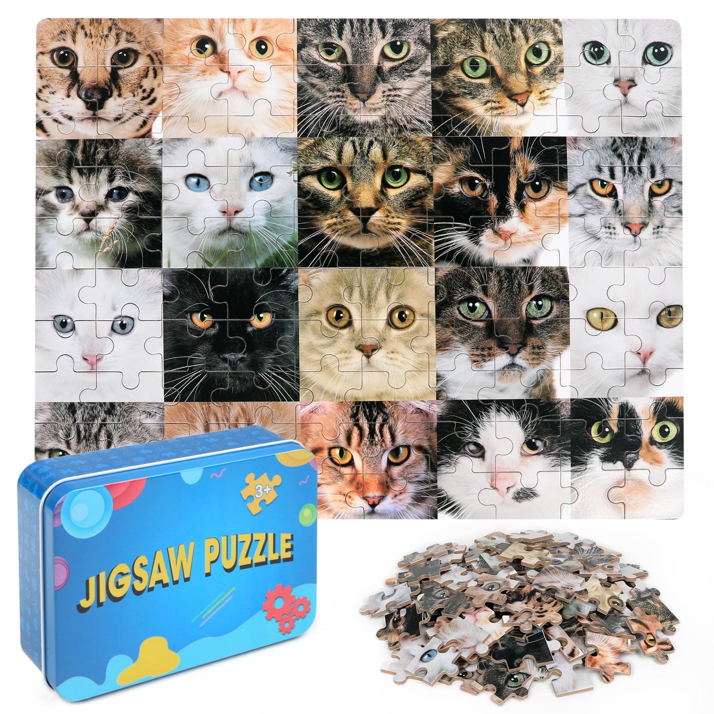 Lelemon 100 Pieces Multicolor Cats Puzzles In A Metal Box Cute Cats Jigsaw Puzzle For Kids Ages 4-8 Children Learning Educationa