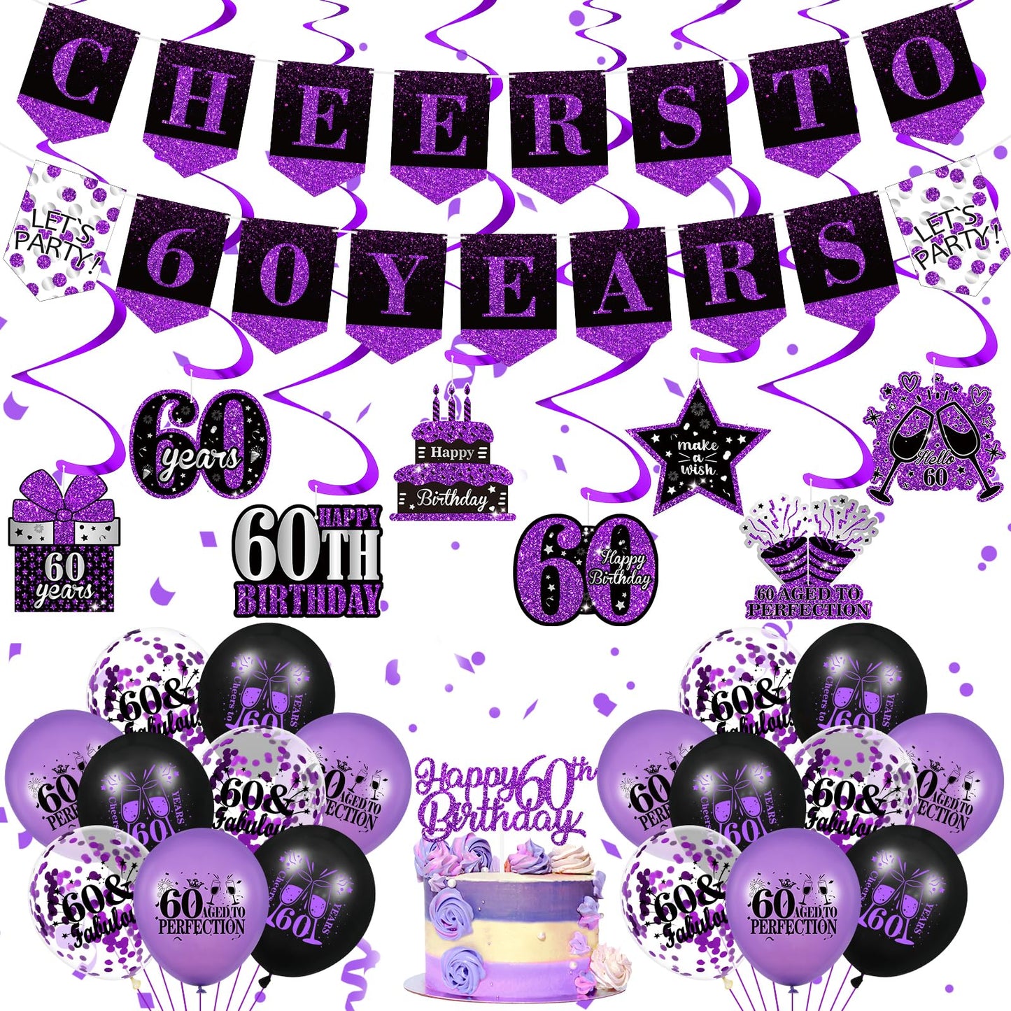 Purple 60Th Birthday Decorations For Women Men Purple Black 60Th Birthday Banner Hanging Swirls 60Th Birthday Balloons Happy 60Th Birthday Cake Topper For Purple Cheer To 60 Years Party Supplies