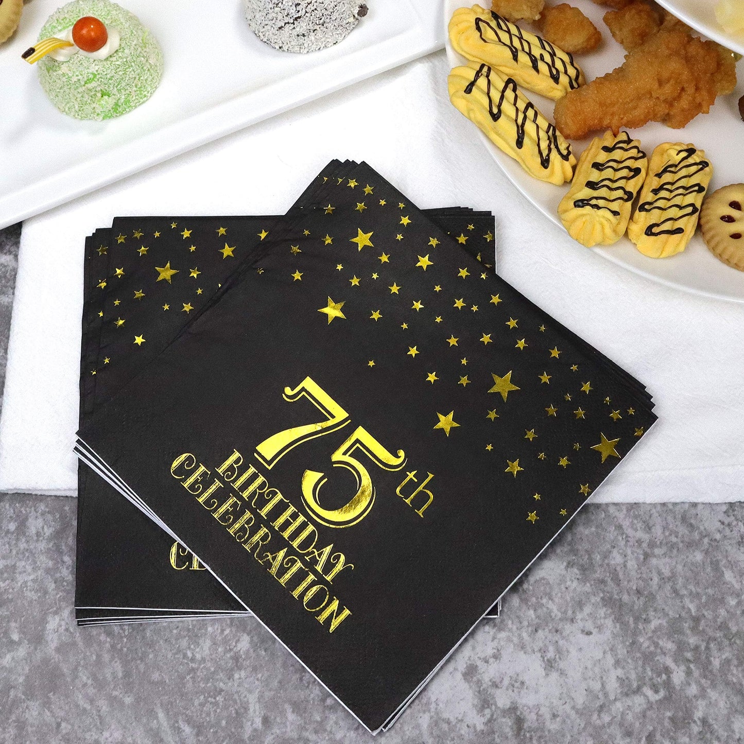 Pandecor 50 Pack 3 Layers Birthday Party Supplies,6.5 X 6.5 In Paper Napkins,Gold Confetti Foil Birthday Party Decorations (75Th Birthday Napkins)