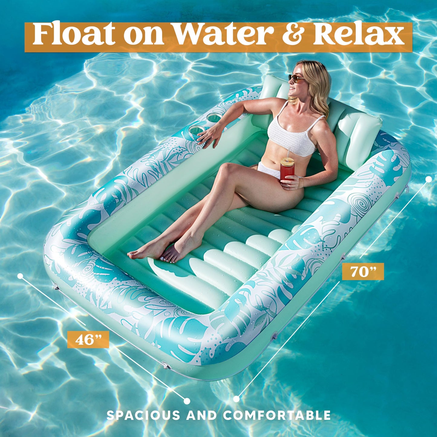 Sloosh Inflatable Tanning Pool Lounger Float, 70' X 46' Pool Floats Adult With Pillow, 4 In 1 Suntan Tub Raft Floatie,Sunbathing Bed Lounge For Water Blow Up Kids Ball Pit Party Gifts, L-Cyan White