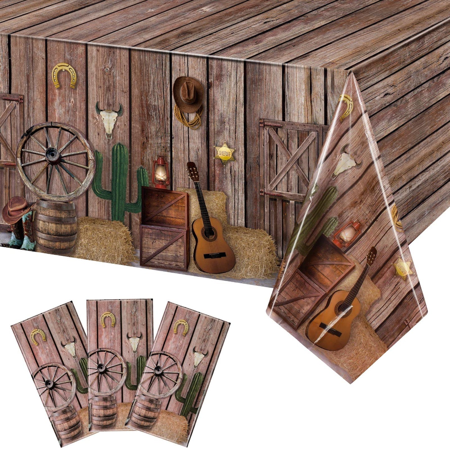 Tiamon 3 Pcs Western Party Tablecloth Western Cowboy Party Table Cover Cowboy Theme Plastic Tablecloth Wild West Wooden House Ba