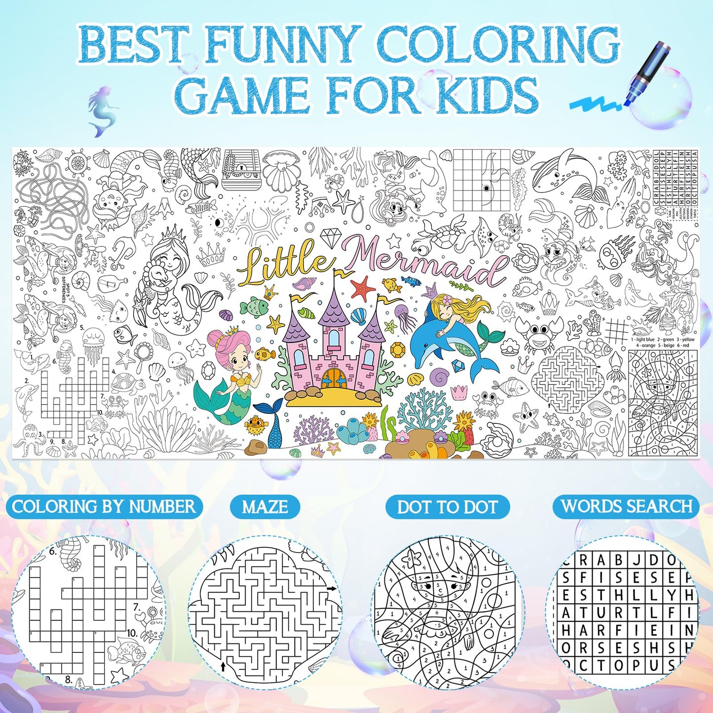 Mermaid Giant Coloring Poster For Kids 30 X 72 Inch, Mermaid Large Coloring Poster Sheets Tablecloth, Mermaid Themed Color-In Ac