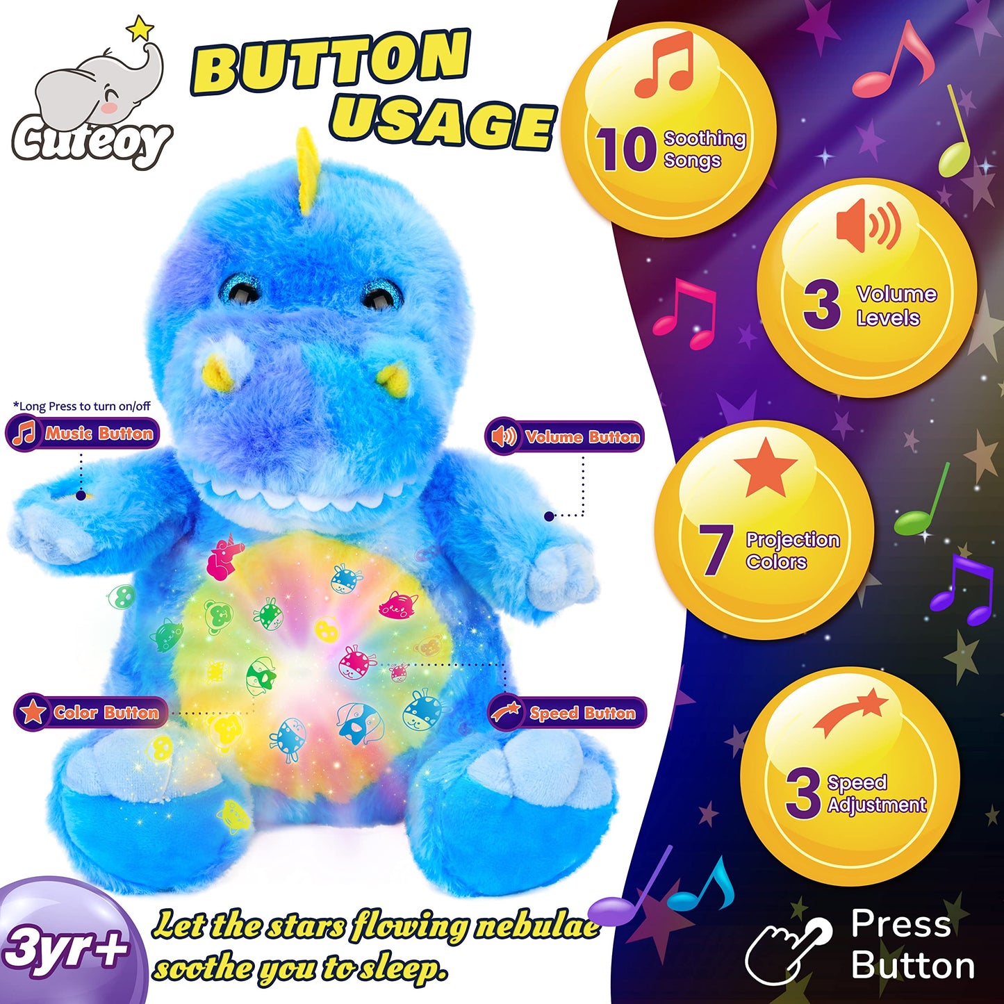 Cuteoy T-Rex Star Projector Musical Plush Night Light Stuffed Animals Soother Toys Adjustable Volume Shapes In 7 Colors Gifts On Birthday For Kids Toddlers