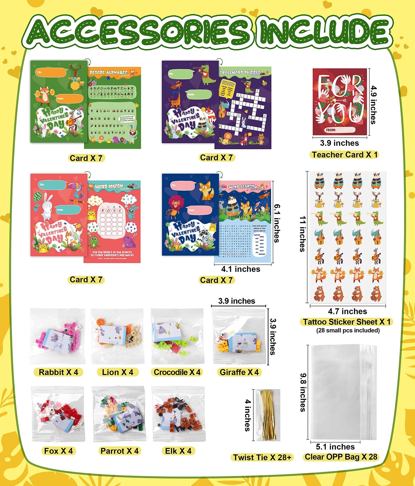 Valentines Day Gifts For Kids Classroom-28 Packs Animal Building Blocks With Kids Valentines Day Cards For School & Stickers, Class Valentines Gifts Boxes For Kids Boys Girls Party Favors Exchange