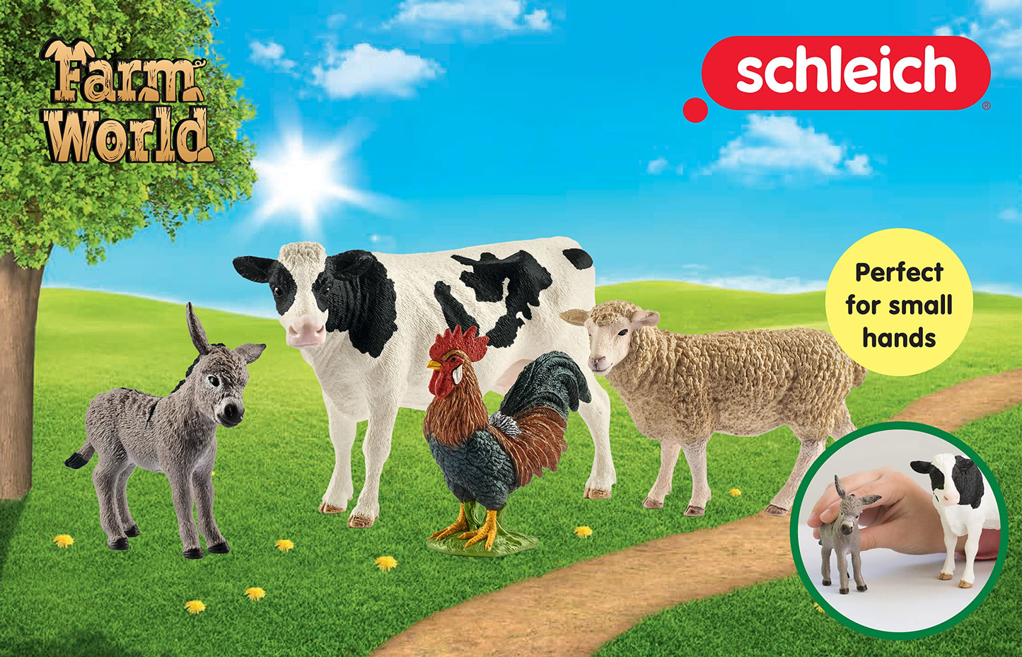 Schleich Farm World Starter Set - 4 Collectible Toy Farm Animals (Cow, Sheep, Donkey Foal, Rooster) - Multi - Model 42385 - Ages 3+