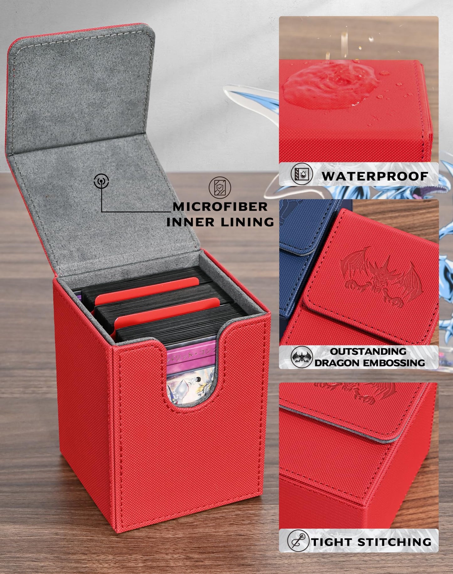 Uaono Card Deck Box For Yugioh Mtg Cards, 100+ Deck Case With 2 Dividers Fits Tcg Ccg, Pu Leather Card Storage Box Compatible With Collectible Trading Cards (Red, Extinction Dragon)