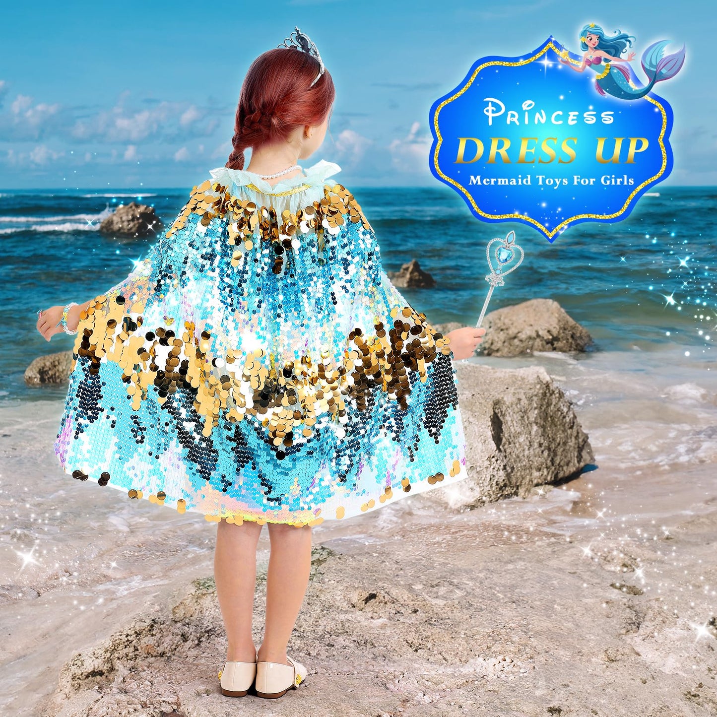 Limiroler Princess Dress Up Toys Mermaid Dress Up Cape Kit 9 Pcs Gift Set For Little Girls 3-8 Years Old, Princess Dress Up Clothes Set Gift For Birthday Christmas Party Halloween (Blue)