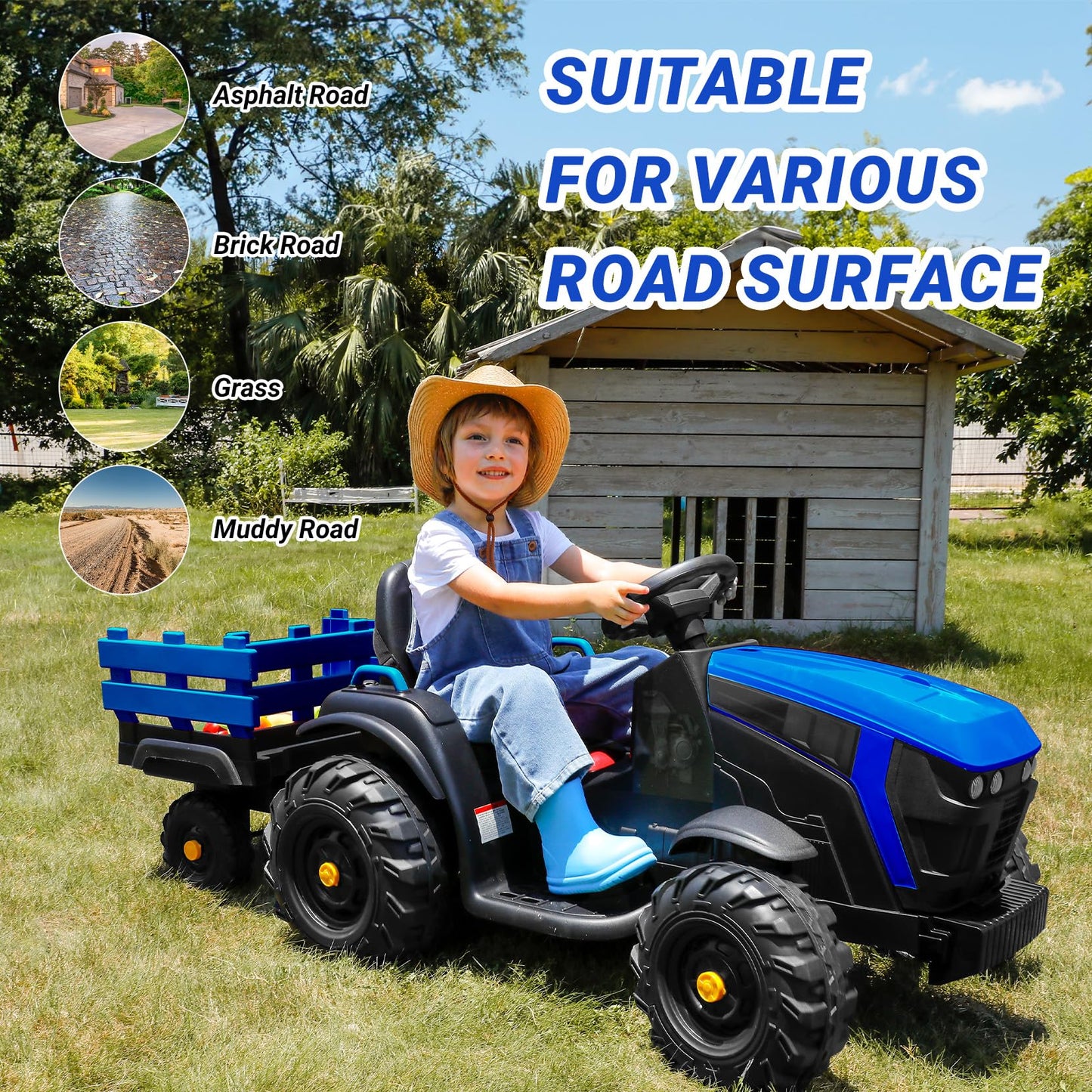 Elemara 24V 9Ah Ride On Tractor With Easy Detachable Trailer, 24V Ride On Toys For Big Kids, 400W Electric Vehicles Ride On Tractor Car With Shovel, All-Terrain Capability, For Ages 3+, Music, Blue