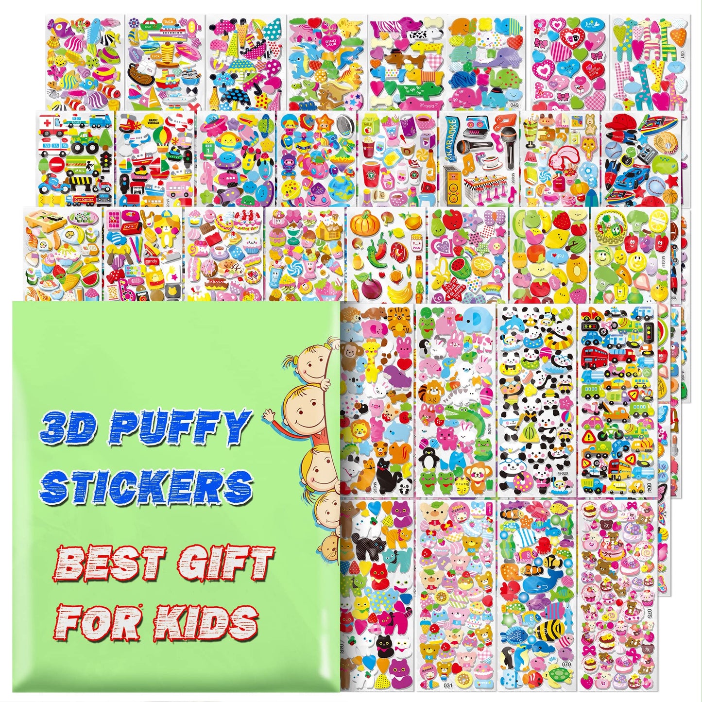 Stickers For Kids, 3D Puffy Stickers, 64 Different Sheets, 3200+ Cute Stickers, Including Animals, Cars, Airplane, Food, Letters