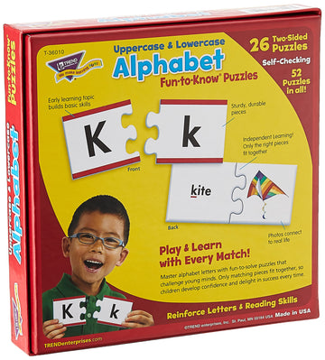 Trend Enterprises: Fun-To-Know Puzzles: Uppercase & Lowercase Alphabet, Learn Letter & Case Recognition, 26 Two-Sided Puzzles, Self-Checking, 52 Puzzles Total, For Ages 3 And Up