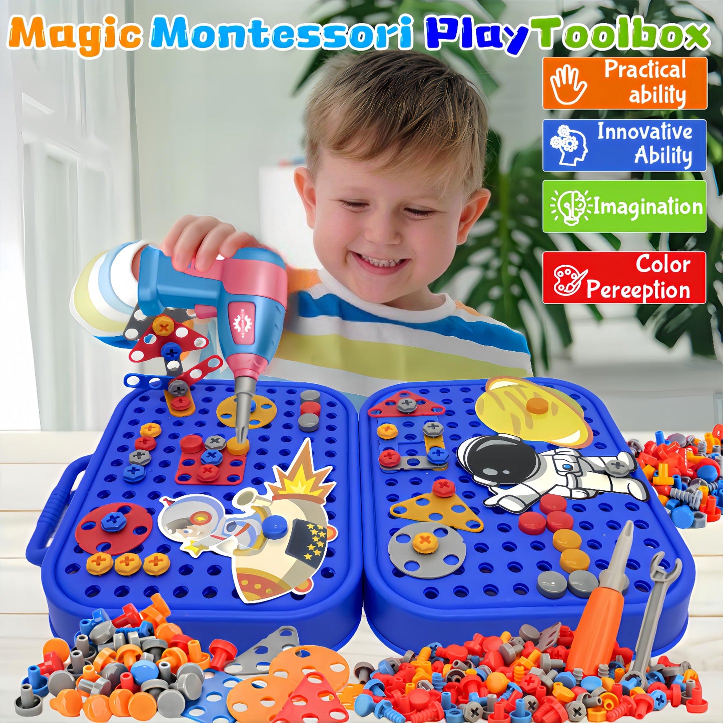 AquaArcc Drill Toy for Boys Age 4-8, 351pc Kids Montessori Construction Toy Electric Drill Toy with Fix Tool Box, Boys Toy Space