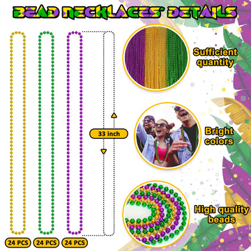 72PCS Mardi Gras Beads Throws, Mardi Gras Green Purple Gold Metallic Beads Necklaces Accessories Bulk, Mardi Gras Beads Necklace