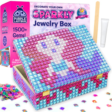 PURPLE LADYBUG Sparkly Jewelry Box Kit with Gems – Arts & Crafts for Kids 8-12, Wooden, Fun Easter & Birthday Gift
