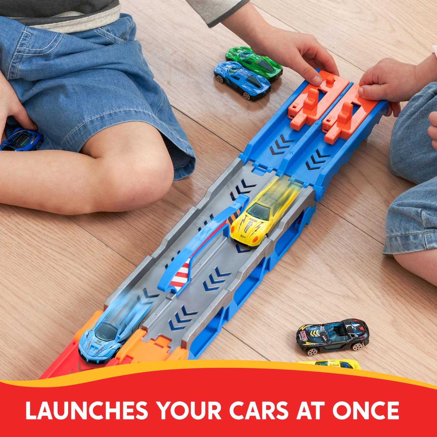 Syncfun Carrier Truck Race Track Toddler Toy - 8-Ft Foldable 3 Layer Toy Truck With 12 Die-Cast Metal Racing Cars And Lights & S