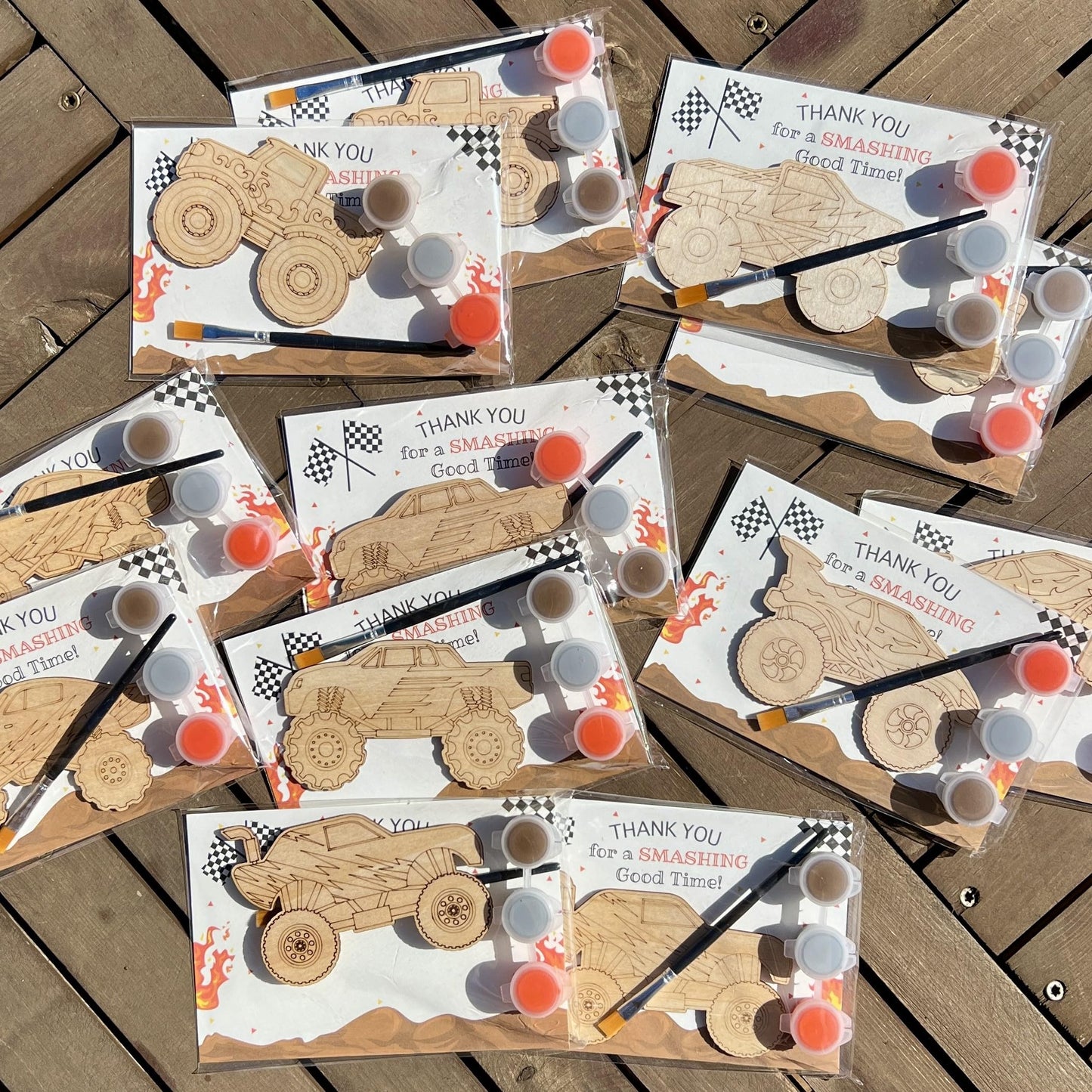 BOIKOKY Monster Truck Party Favors - 12 Wooden Cutouts with Magnets, 2" Orange/Brown/Gray/Black for Kids' Birthday Gifts & Decorations