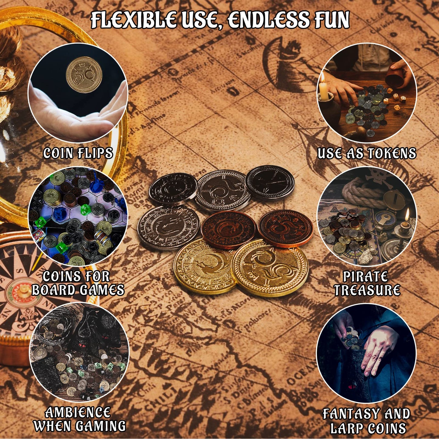 Dnd Metal Coins Set Of 60 With Leather Pouch - Gaming Tokens, Pirate Treasure, Accessories & Props For Board Games, Dungeons And Dragons, Tabletop Rpgs And Larp