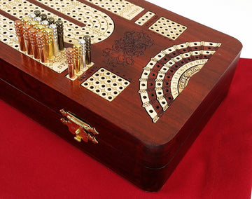 14' 4 Track Continuous Cribbage Board W/ Card Storage Maple Tracks On Bloodwood - Corner, Skunk & Games Won