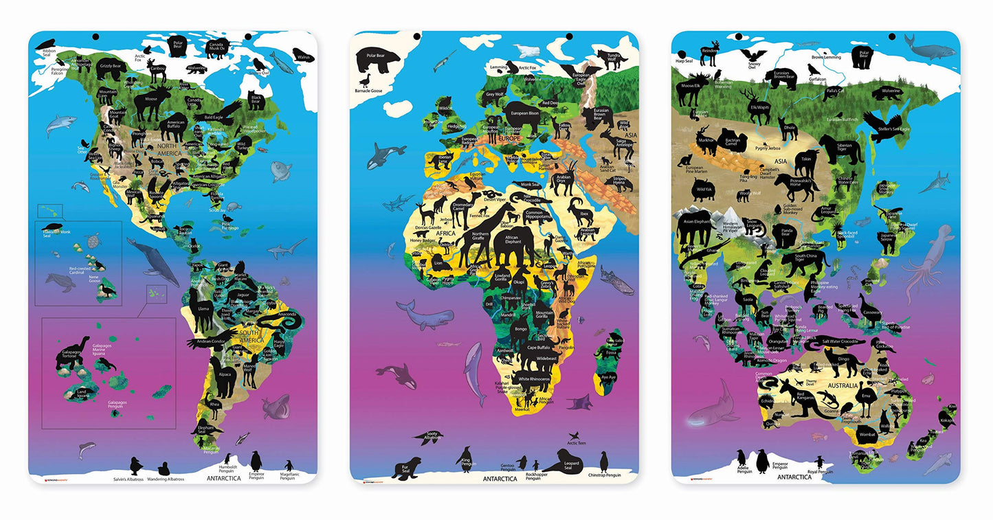 Dowling Magnets Animal Magnetism Magnetic Wildlife Map Puzzle Bundle, Set Of 3 Puzzles: North America & South America, Eurasia & Africa, Asia & Australia (Per Puzzle: 11.50 Inches W X 18 Inches H)