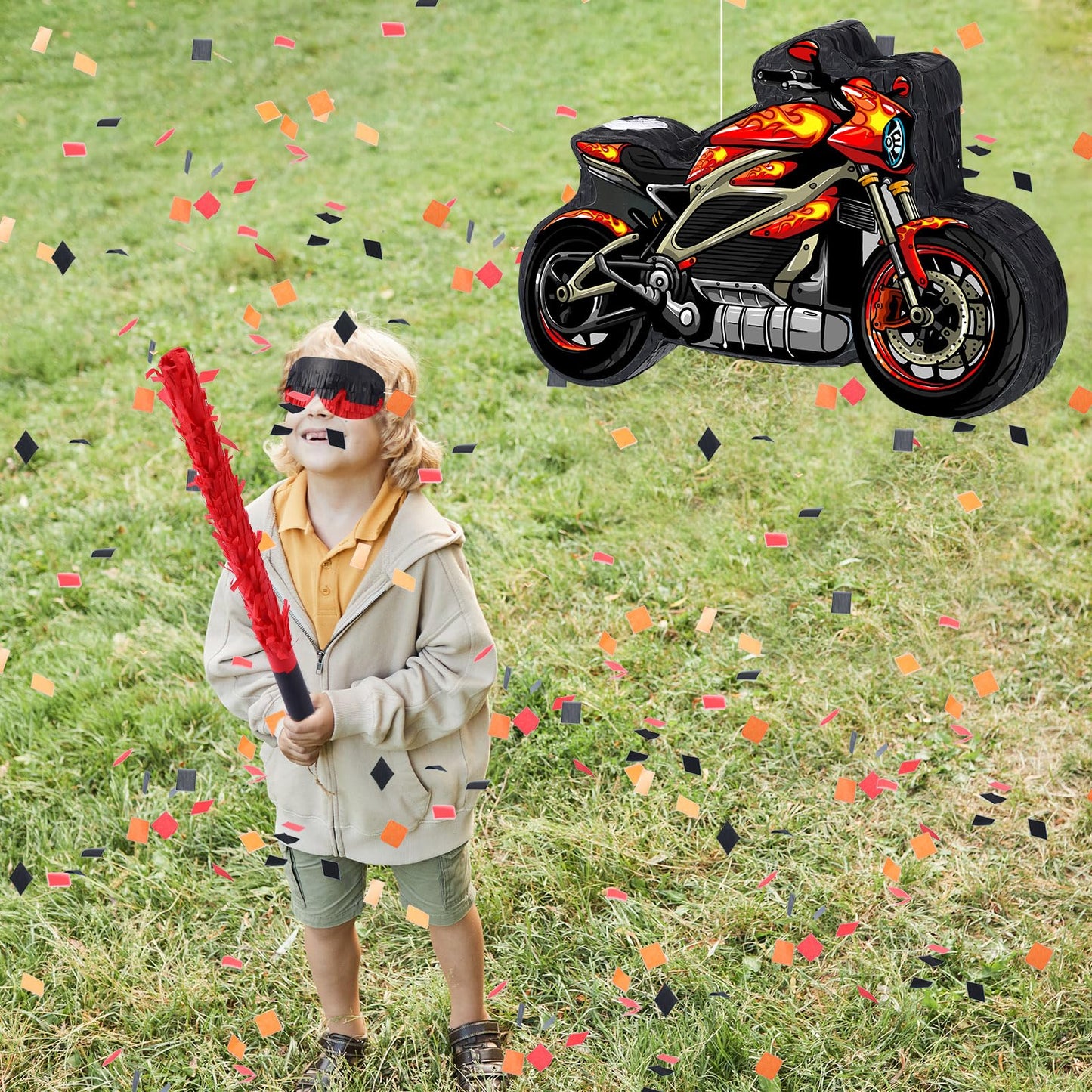 Shappy 3D Red Motorcycle Piñata - Small Race Car Design for Racing Theme Birthday Party with Blindfold, Stick & Confetti