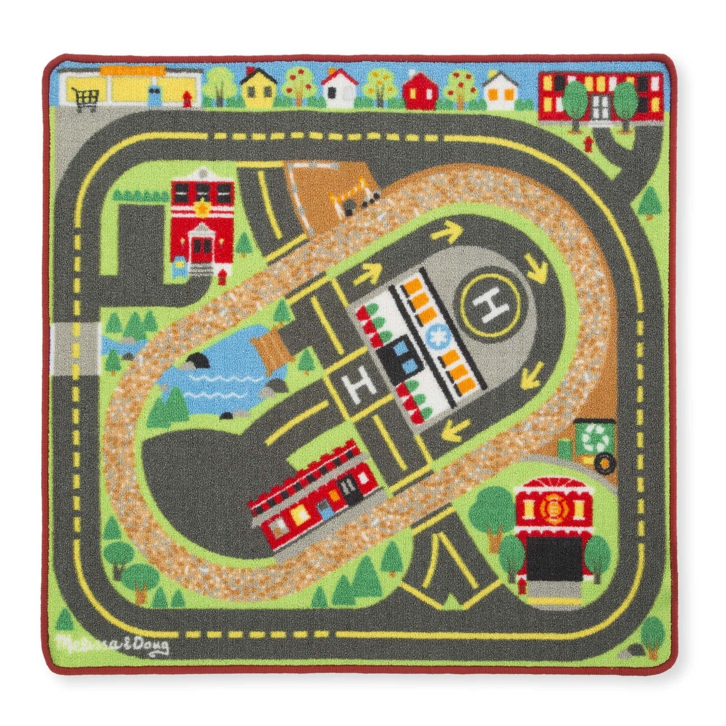 Melissa & Doug Deluxe Multi-Vehicle Activity Rug (39.5' X 36.5') - 19 Vehicles, 12 Wooden Signs, Train Tracks