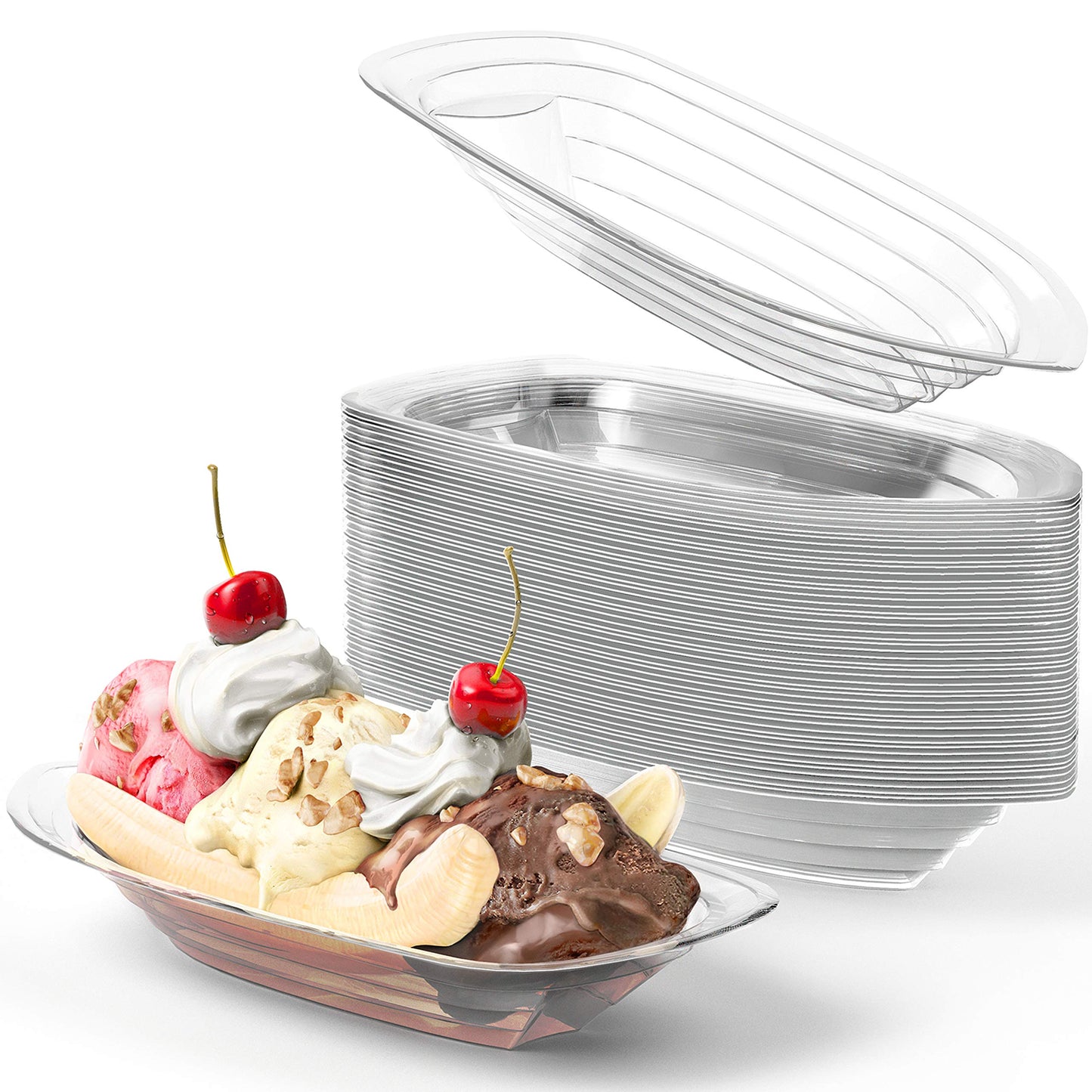 Avant Grub Super Fun, Recyclable 8Oz Plastic Banana Split Boats 50 Pack. Durable, Disposable Ice Cream Sundae Dishware Bowl. Per