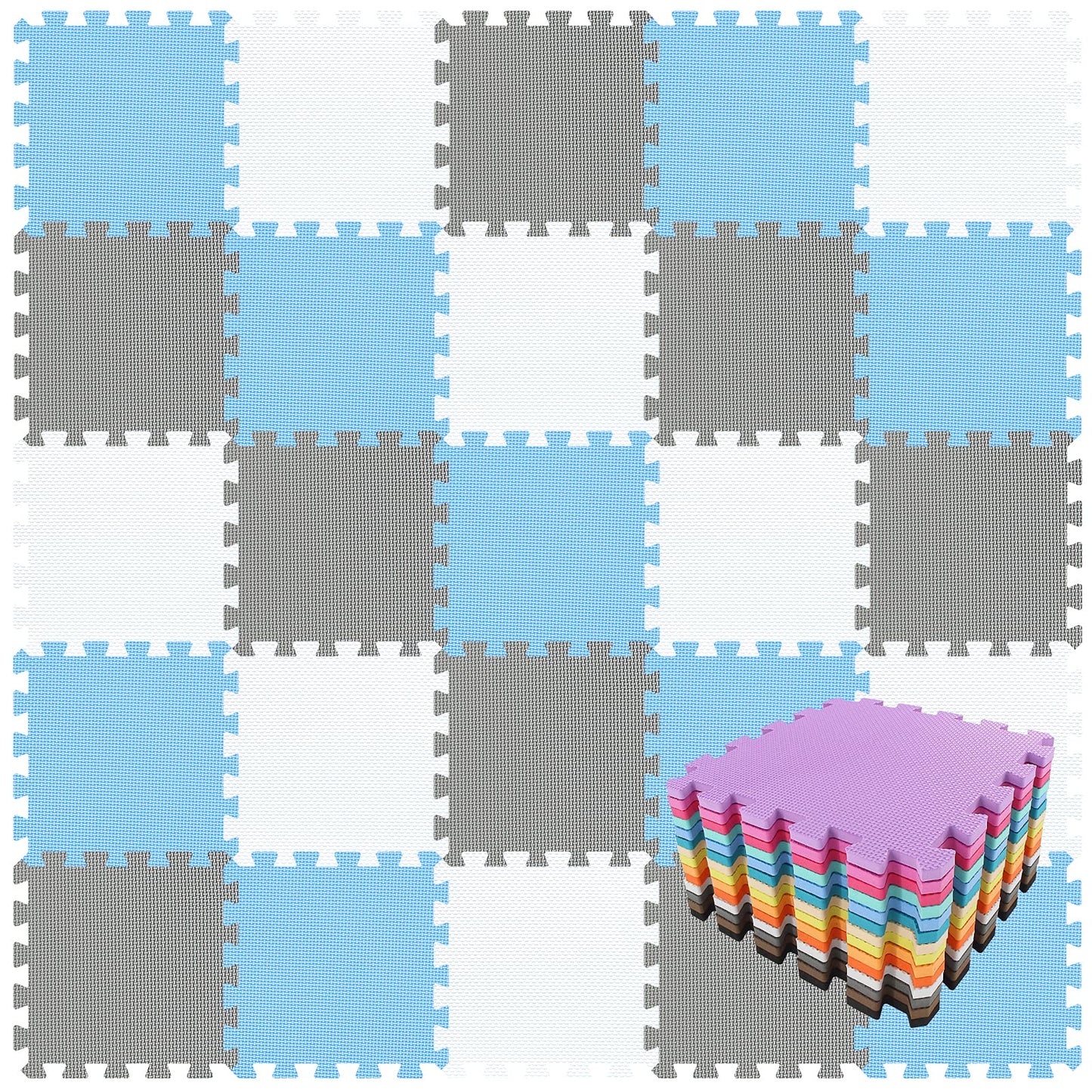 qqpp EVA Rubber 18 Tiles Interlocking Puzzle Foam Floor Mats - Baby Play Mat for Playing | Exercise Mat for Home Workout. White, Blue, Gray. QC-AGLb18N -Like New