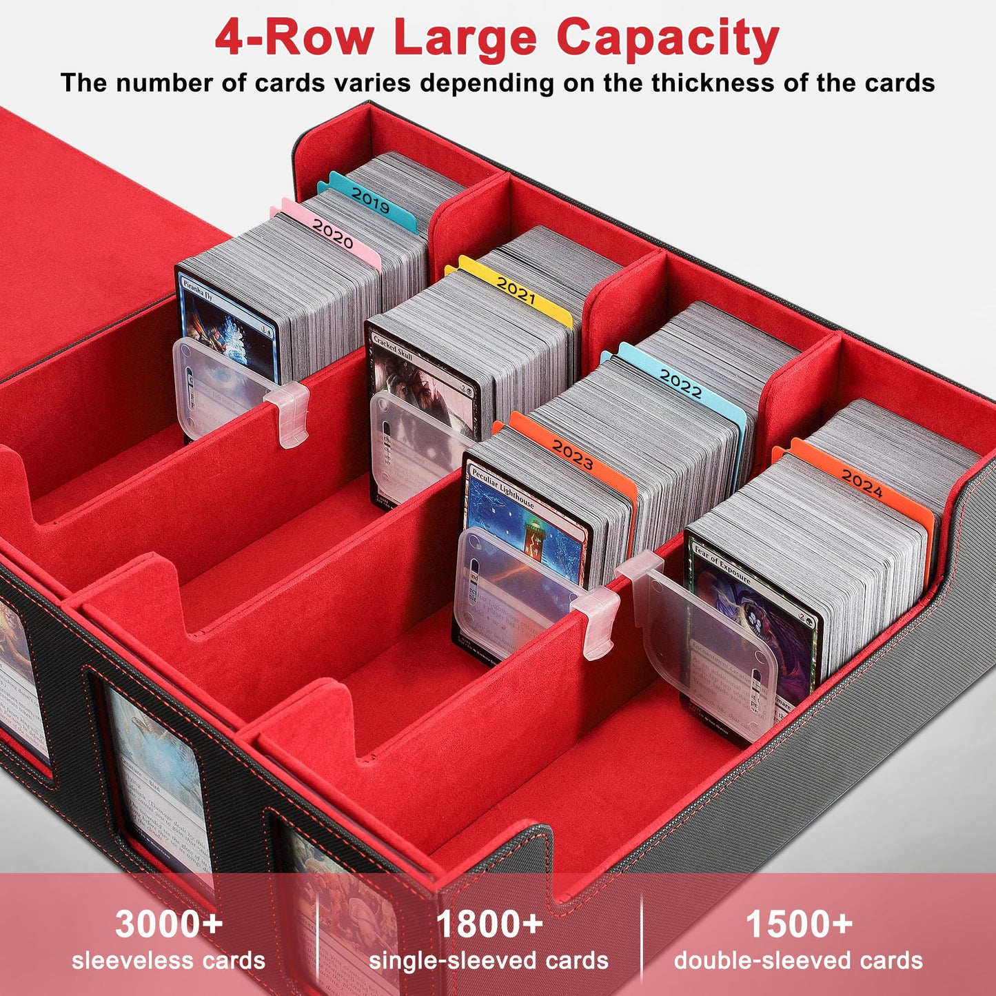 Card Deck Storage Box for Trading Cards 3000+MTG Deck Box with 24 Colorful Divider Tabs 4 Divider and Dice Box, Card Supporters
