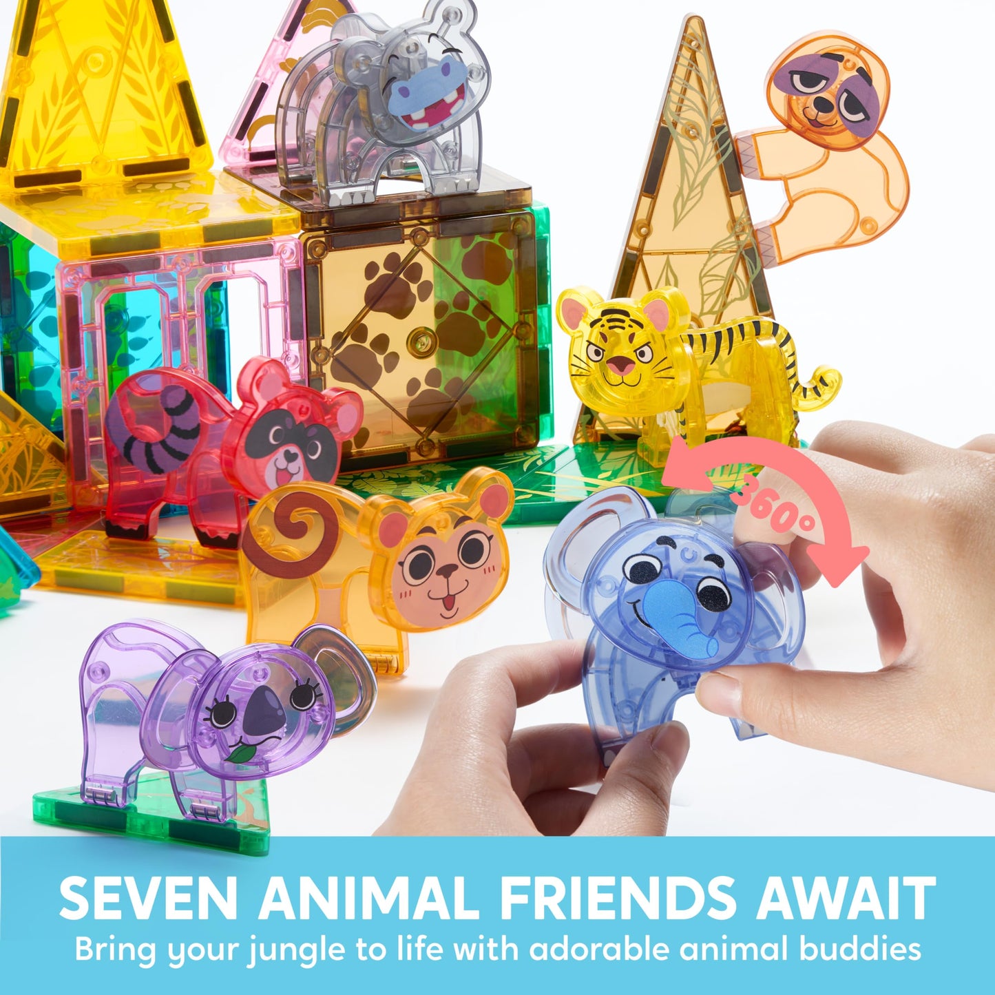 Syncfun Magnetic Building Tiles Jungle Animal Set For Kids, 50Pcs Including 7 Cute Animals, Educational Stem Toy For Boys & Girl