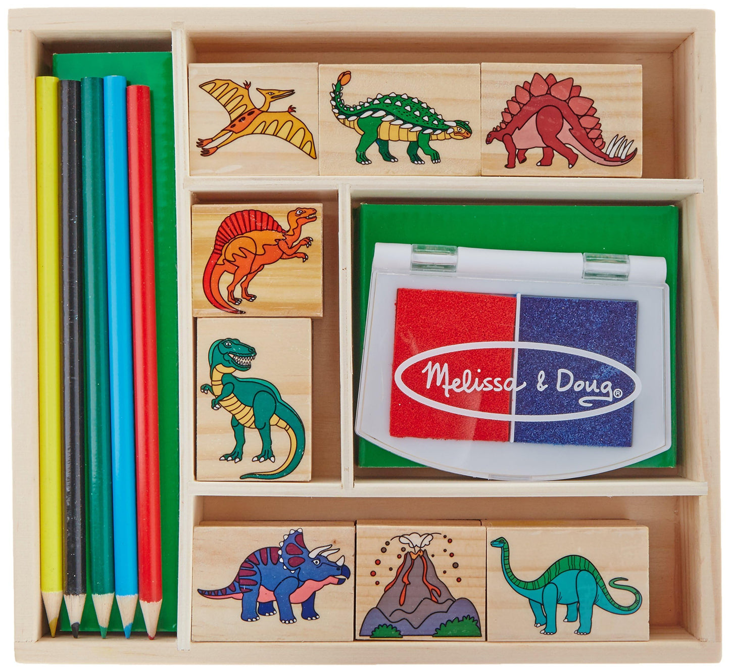 Melissa & Doug Wooden Stamp Set: Dinosaurs - 8 Stamps, 5 Colored Pencils, 2-Color Stamp Pad Kids Arts And Crafts, Washable Ink Pads For Kids, Dinosaur Stamps For Ages 4+ - Fsc-Certified