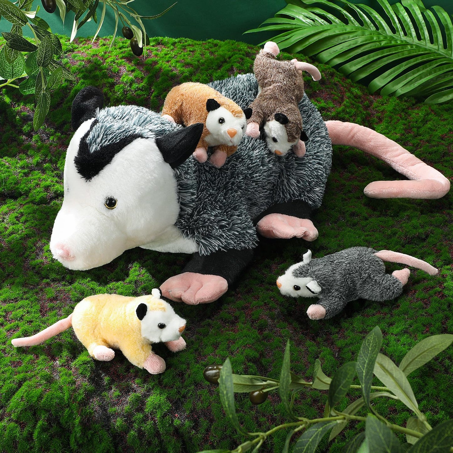 Hollowfly Plush Opossum Toy Set - 5 Pcs with 4 Baby Opossums, Long Pile Fabric, Magnetic Attraction, Classic Design