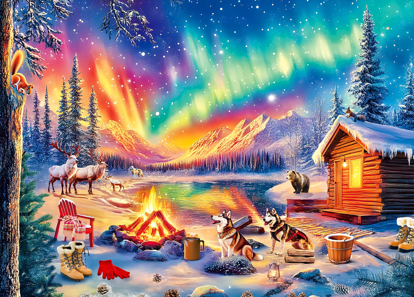 500 Piece Puzzles for Adults - Jigsaw Puzzles - Campfire Under The Northern Lights - Winter Puzzles