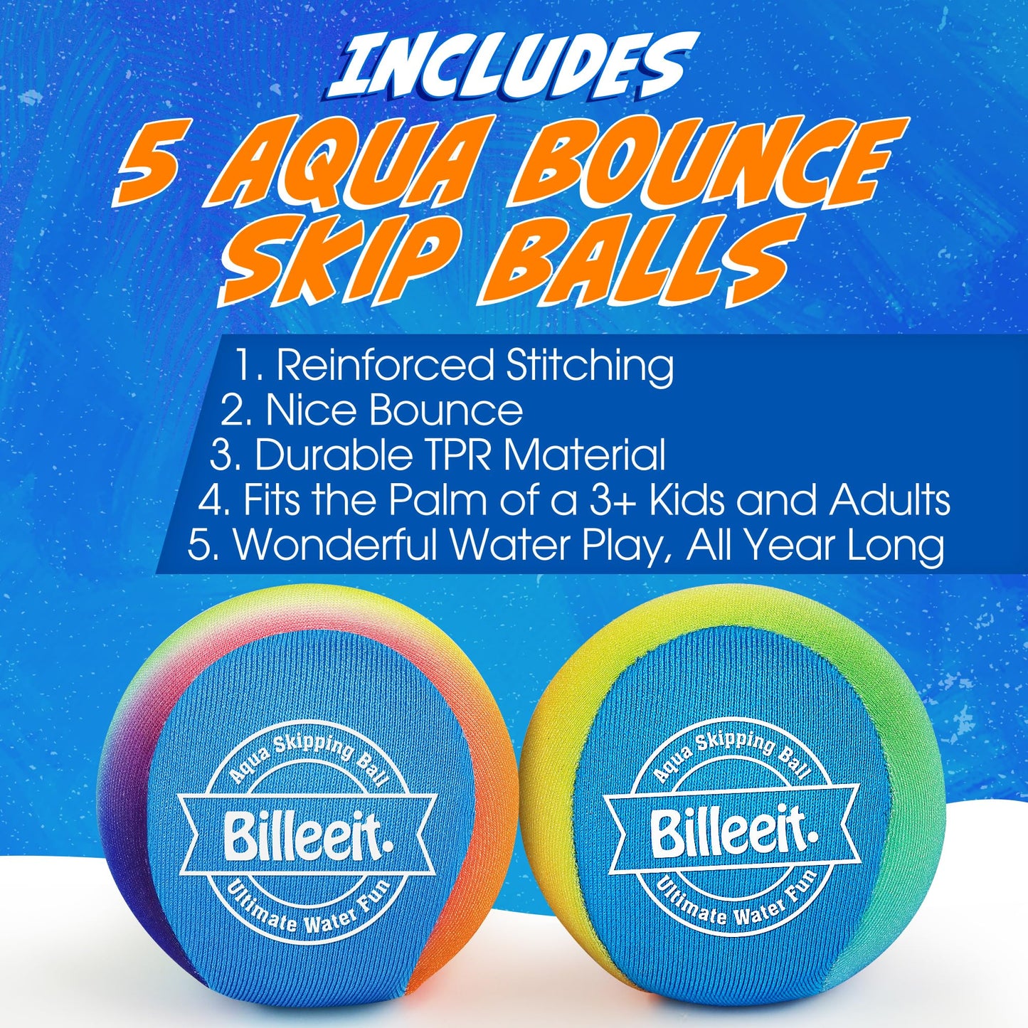 Billeeit 5Pcs Water Skipping Balls for Pool Play, Rainbow Color Splash Water Bouncing Balls with Portable Mesh Bag, Fun Beach To