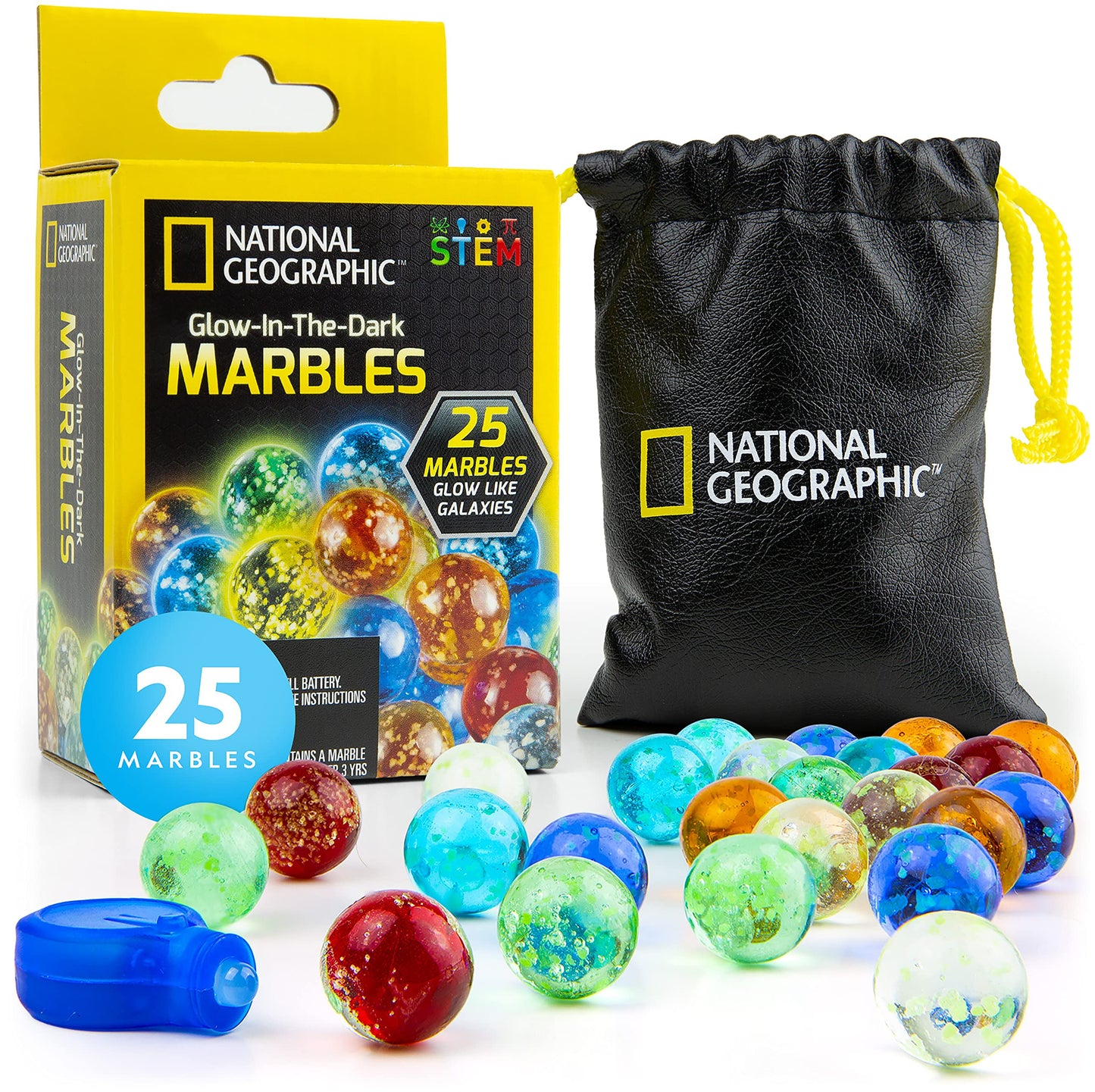 National Geographic Glow In The Dark Marbles Refill - 25 Glass Marbles That Glow In The Dark, Includes Storage Pouch & Uv Light, Marble Runs For Kids, Building Toys, Science Toys