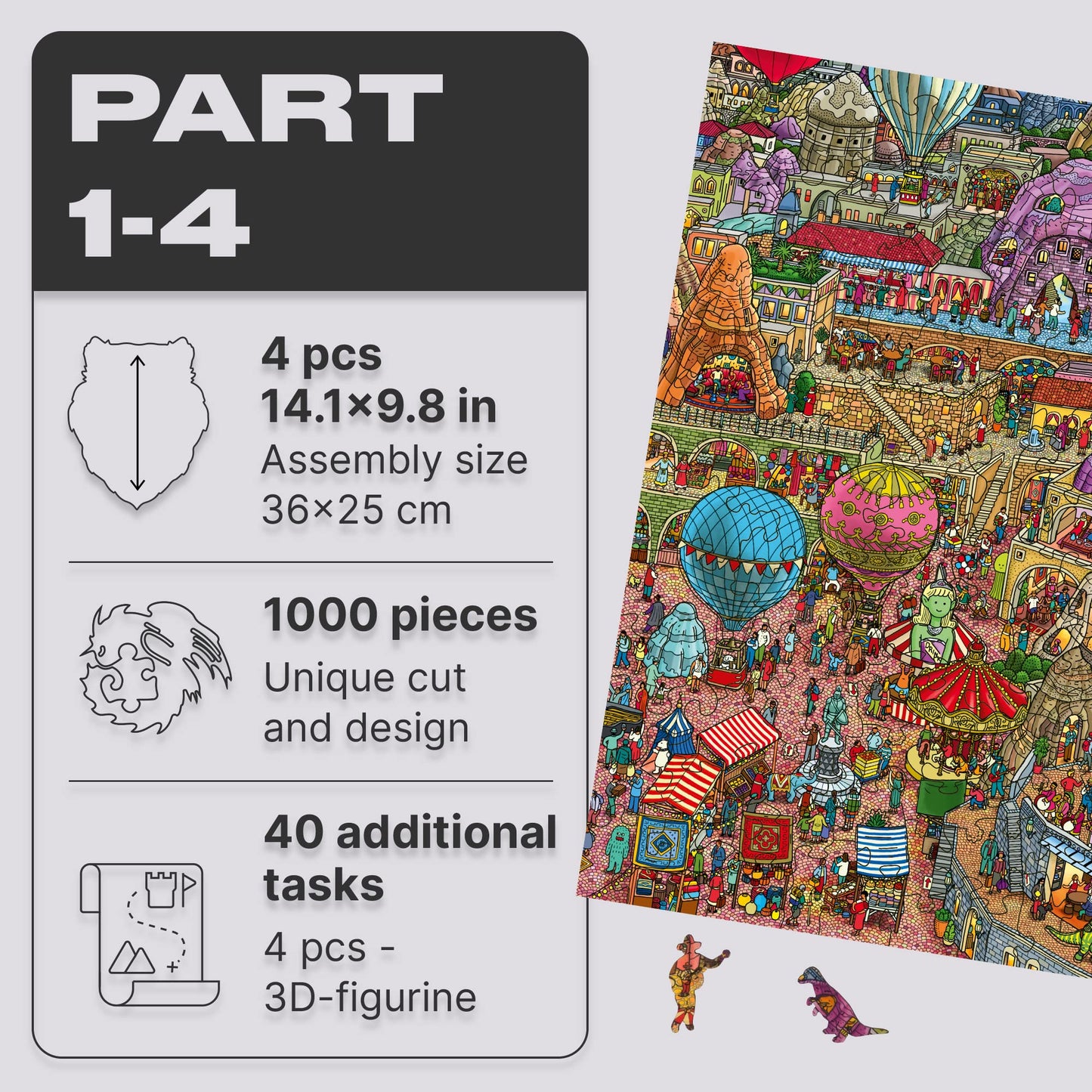 Unidragon Original + Ic4 Design Wooden Jigsaw Puzzle For Adults And Kids, Puzzle Board Game, Quezzle Amazing Cappadocia, Full Pack, 1000 Pieces, 28.2 By 19.6 Inches