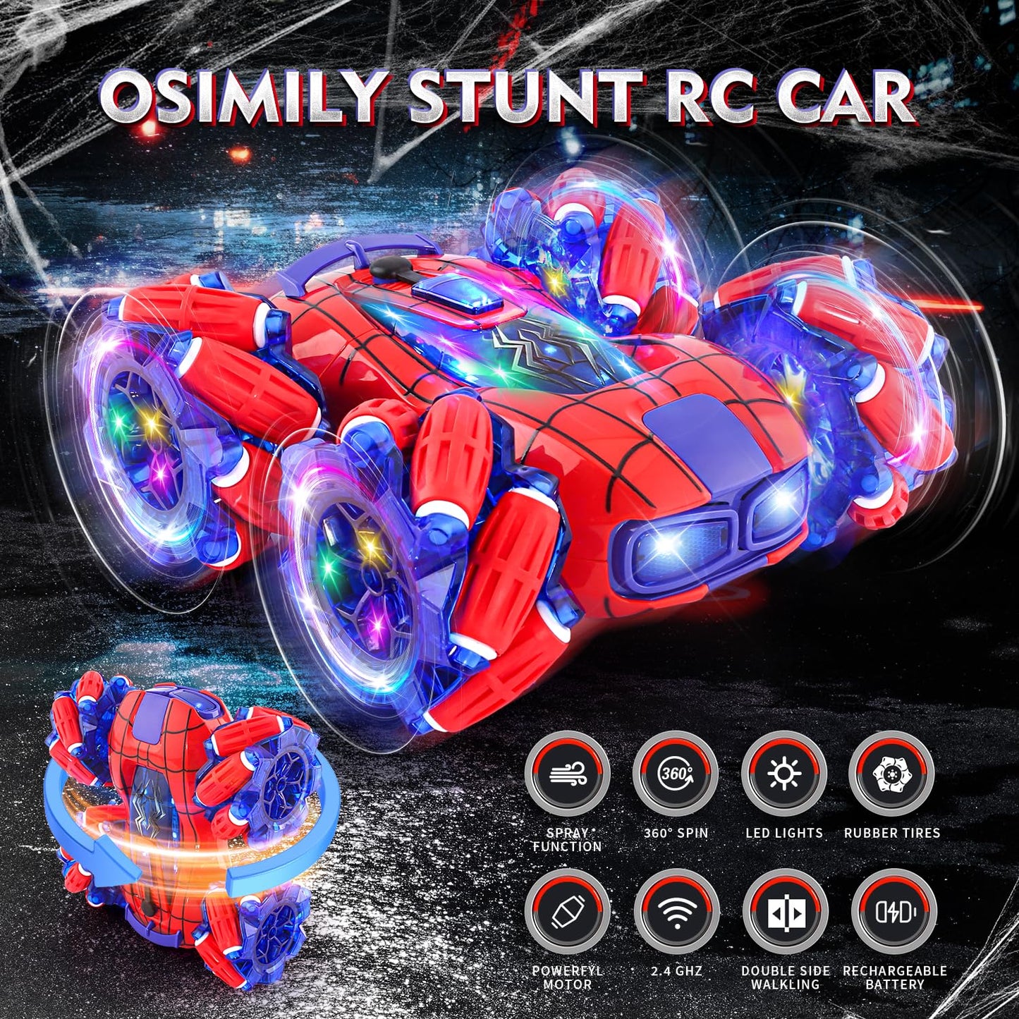 OSIMILY Remote Control Car Monster Truck - 2.4GHz New Upgraded Double-Sided 360 Rotating RC Cars with Headlights, 4WD Kids' Toys