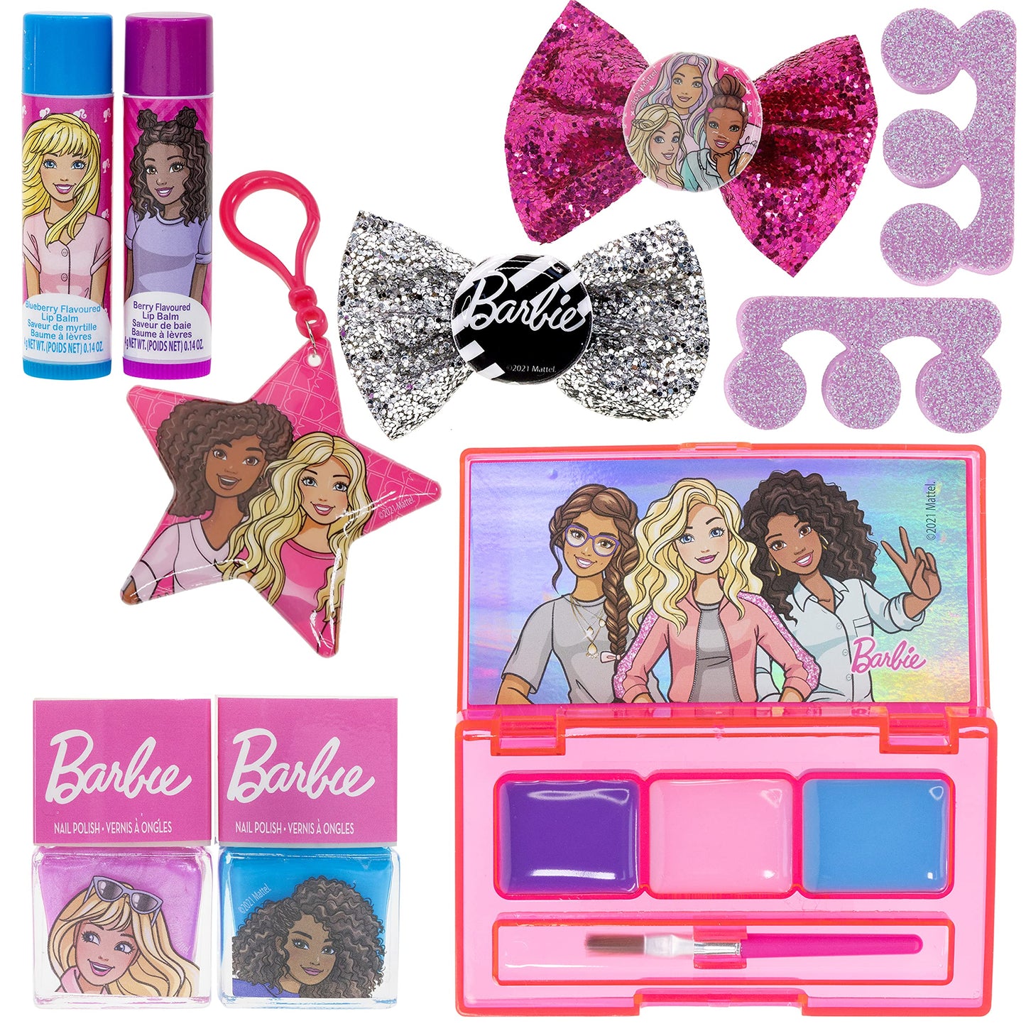 Barbie - Townley Girl Backpack Cosmetic Makeup Gift Bag Set 12 Pcs includes Lip Gloss, Nail Polish & Hair Accessories for Kids T